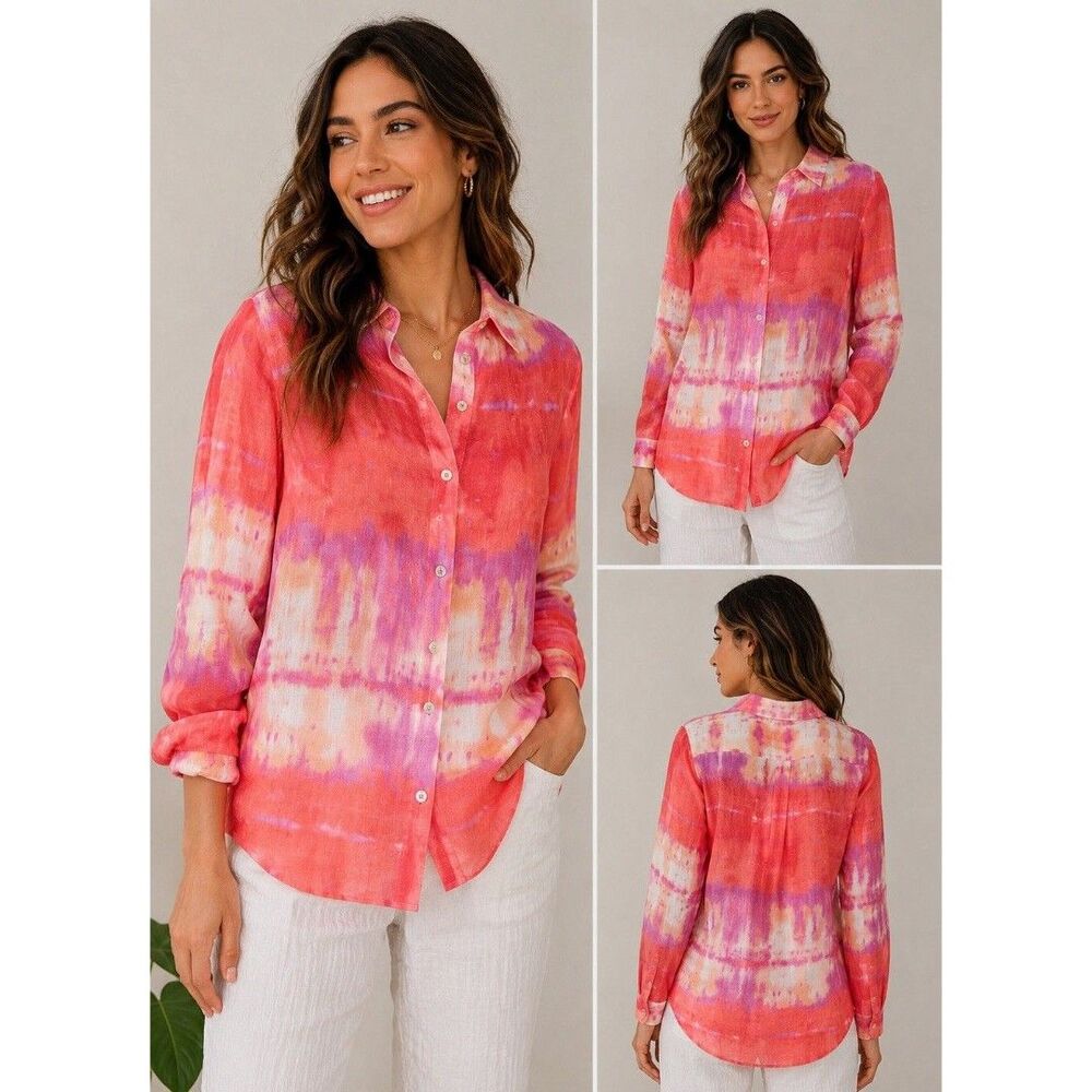 Carre Noir 100% Ramie Tie Dye Sheer Button Front Blouse Medium Resort Vacation